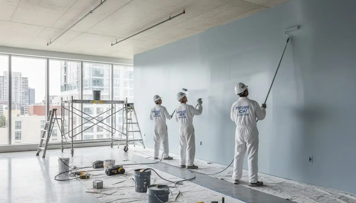 Pasadena, CA commercial painters applying durable exterior coating to a local business building