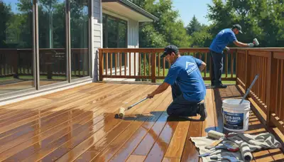 Pasadena, CA painters sealing a wood deck to protect against UV, moisture, and wear