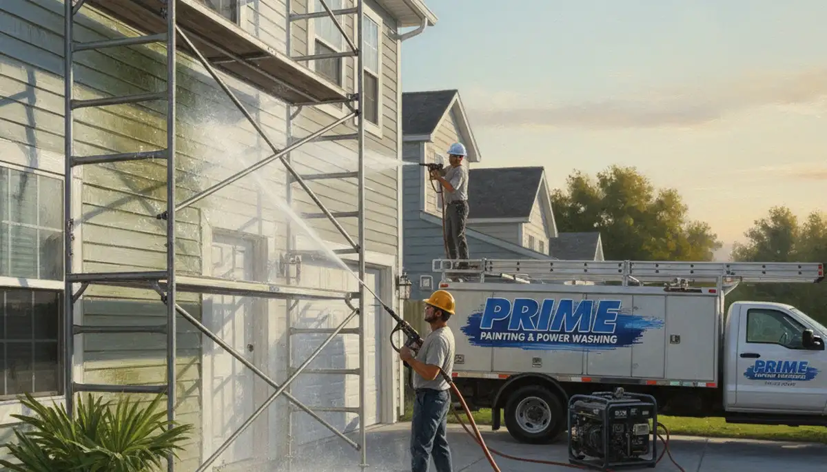 Pasadena, CA painters pressure cleaning vinyl siding to remove dirt and algae